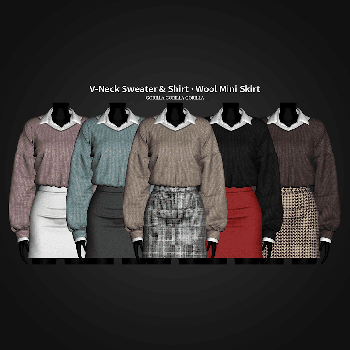 Сет одежды V-Neck Sweater & Wool Mini Skirt